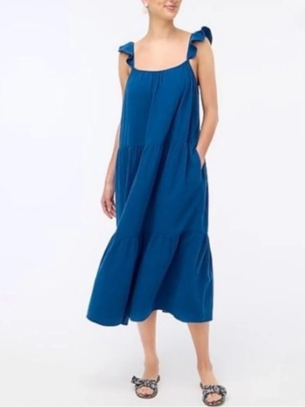 J. Crew Dress Ruffle Straps Maxi Spring Summer Pockets 100% Cotton Blue Women XL